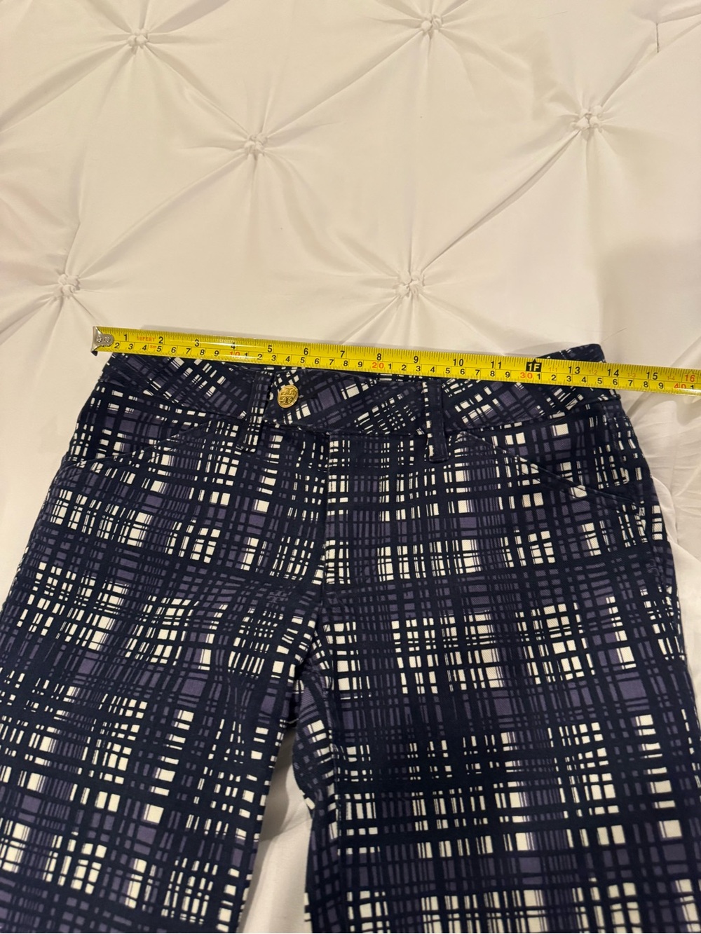 Tory Burch Conner Tab Front Skinny Pants Size 25 Navy Plaid - Picture 6 of 12